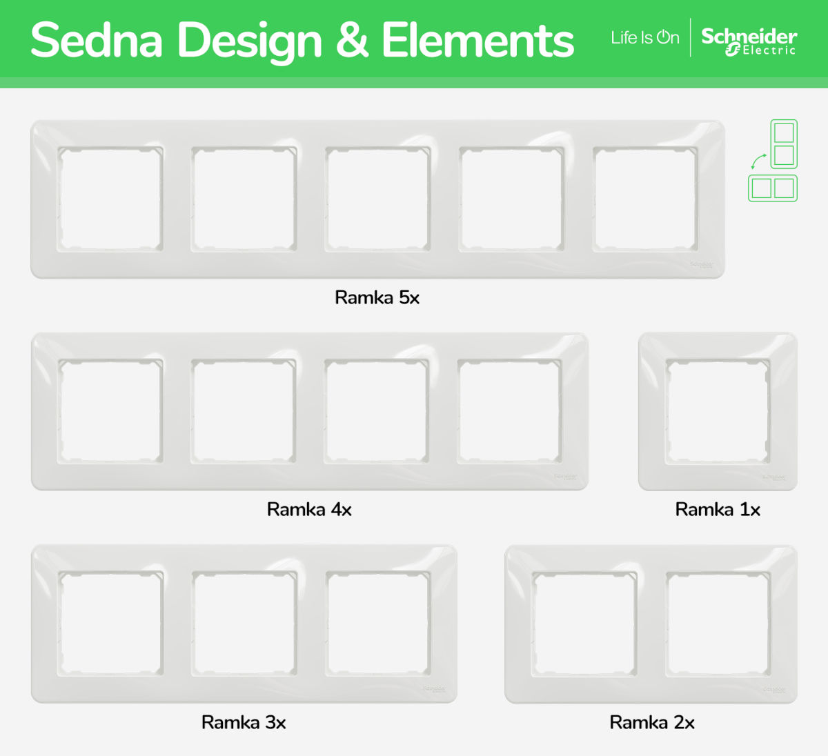 Schneider Sedna Design & Elements – rodzaje ramek poziome/pionowe (uniwersalne)